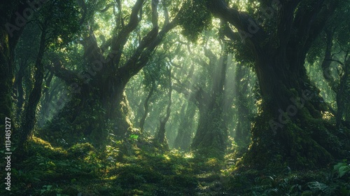 Enchanted Forest Path: Sunbeams Dappling Ancient Trees in Lush Green Canopy