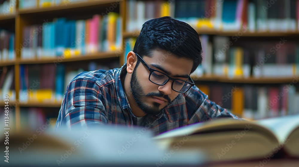 Focused Indian student studying hard in library setting Focused Indian student studying hard in library setting