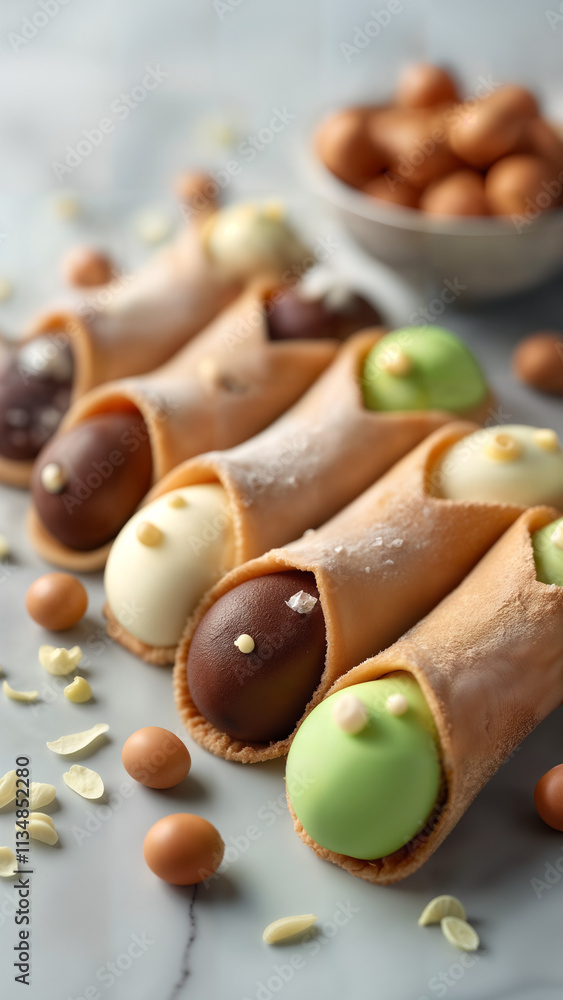 Colorful Cannoli Display with Edible Flowers Colorful Cannoli Display with Edible Flowers