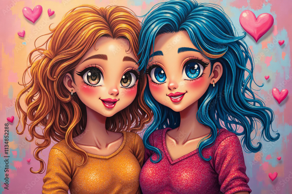 Two smiling friends with colorful hair and vibrant outfits, surrounded by hearts and cheerful background Two smiling friends with colorful hair and vibrant outfits, surrounded by hearts and cheerful background