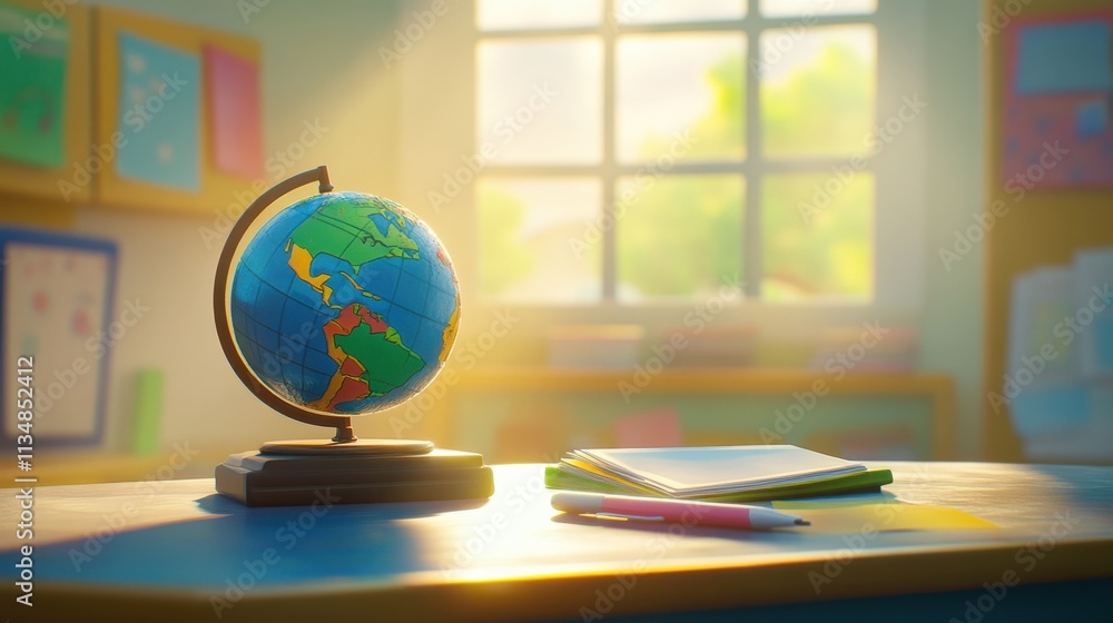 Colorful Classroom Globe with Notebooks and Pens Illuminated by Soft Morning Light in a Bright Educational Space Colorful Classroom Globe with Notebooks and Pens Illuminated by Soft Morning Light in a Bright Educational Space