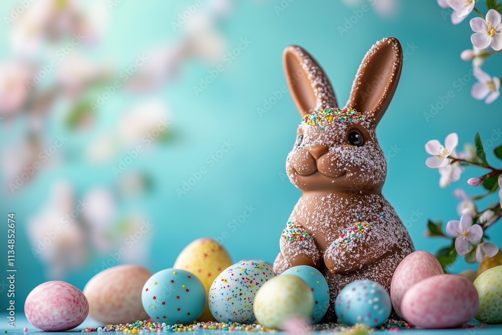 Delightful Easter Chocolate Bunny with Pastel Eggs and Spring Blossoms Delightful Easter Chocolate Bunny with Pastel Eggs and Spring Blossoms
