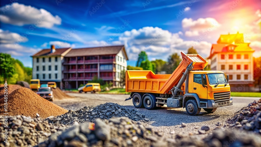 Obraz premium Construction truck dumping gravel at a road site with a tip truck and ripper preparing ground for new housing estate, showcasing the unloading process of heavy machinery in action.