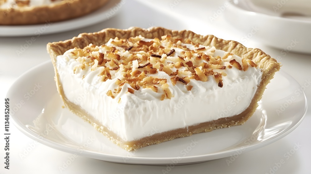 A slice of coconut cream pie on a white plate, showcasing its creamy filling and toasted topping. A slice of coconut cream pie on a white plate, showcasing its creamy filling and toasted topping.