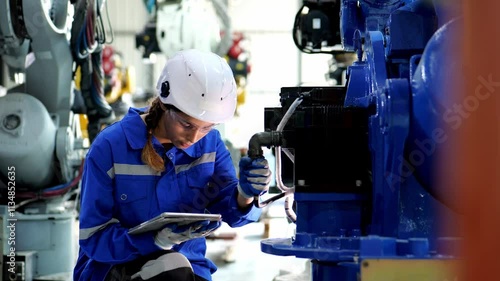video slow motion, Caucasian female engineer wearing safety uniform working use tablet Online information, monitor machine operation, check maintenance to make a machine work efficiently and safely.