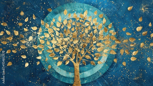 A bold, modern depiction of a golden tree with abstract leaves, set against a metallic blue background with a radial glitter pattern, creating a dynamic and contemporary art piece.