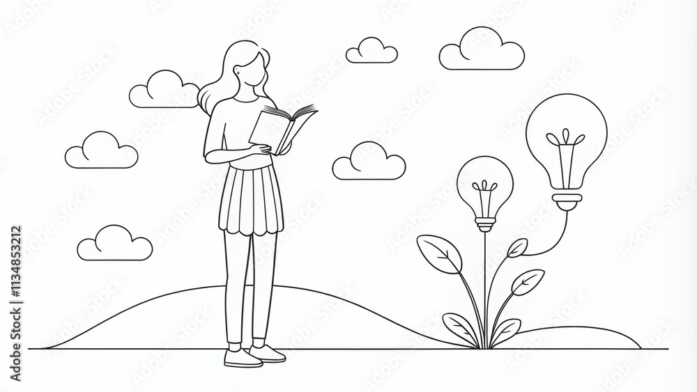 Continuous Line Art of a Girl Holding a Pen and Book, Finding Ideas and Inspiration in a Creative Space, Ideal for Illustrating Artistic and Intellectual Concepts Continuous Line Art of a Girl Holding a Pen and Book, Finding Ideas and Inspiration in a Creative Space, Ideal for Illustrating Artistic and Intellectual Concepts