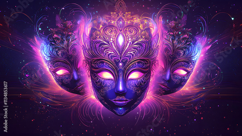 Wallpaper Mural A Captivating Symmetrical Illustration of Intricately Designed Venetian Masks with Elegant Patterns and Mystical Accents Against a Dark Background Featuring Neon Glow Effects Torontodigital.ca