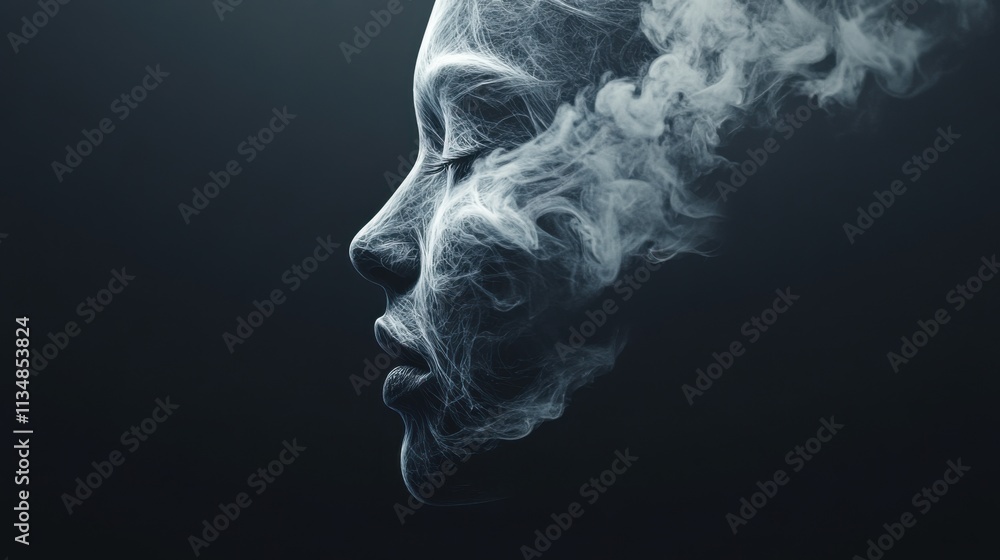 Smoke dances around a face in a dimly lit room, capturing a moment of reflection and solitude Smoke dances around a face in a dimly lit room, capturing a moment of reflection and solitude