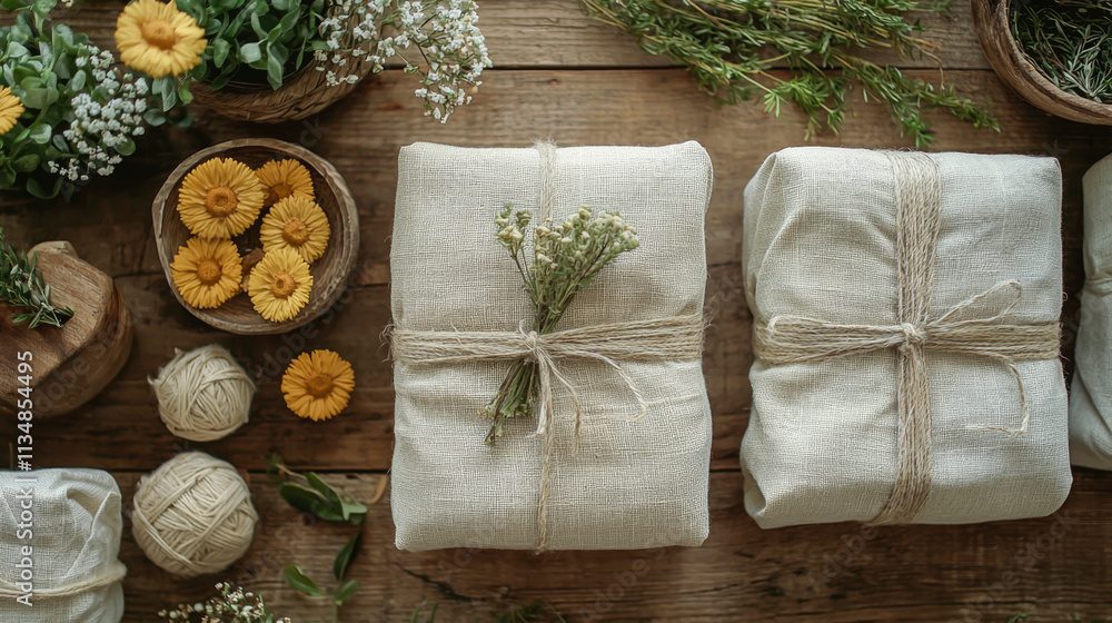 Delicate gift wraps made from plain recycled materials are adorned with fresh flowers, complemented by natural elements on a charming wooden surface Delicate gift wraps made from plain recycled materials are adorned with fresh flowers, complemented by natural elements on a charming wooden surface