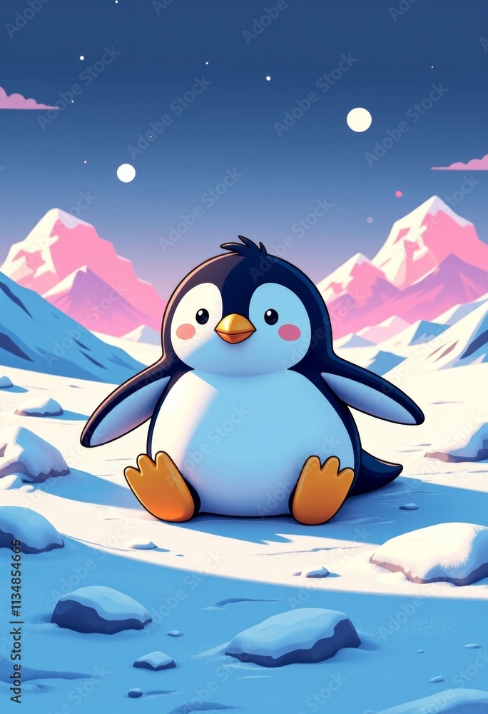 Obraz premium Cartoon Penguin Sliding in Snow, Arctic Vaporwave Illustration, Soft Cool Tones, Copy Space for Text