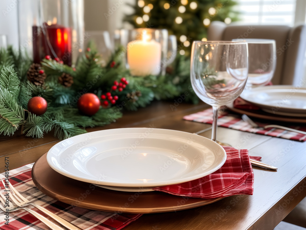 Mid century modern style Christmas table setting. Holiday celebrations dining table. New years dining table. Table setting in green and red plaid. Mid century modern style Christmas table setting. Holiday celebrations dining table. New years dining table. Table setting in green and red plaid.