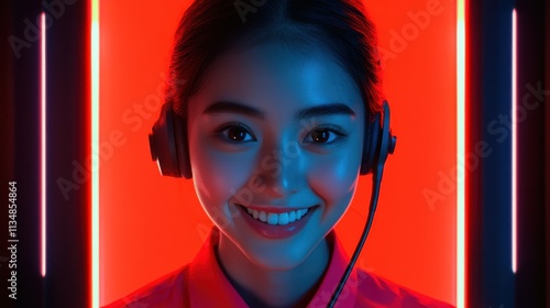 Professional young woman with headset smiling in vibrant neon lighting against a bright background, representing communication, technology, and modern lifestyles in a dynamic setting photo