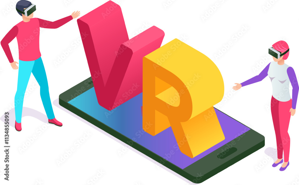 Two people wearing virtual reality headsets are interacting with a large vr symbol emerging from a smartphone, showcasing immersive technology Two people wearing virtual reality headsets are interacting with a large vr symbol emerging from a smartphone, showcasing immersive technology