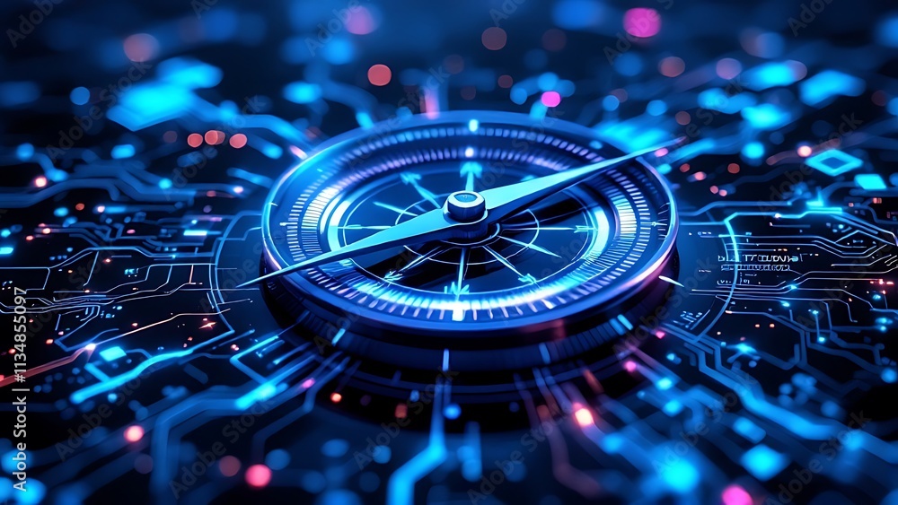 A sleek digital compass set against a blue background symbolizes advanced online data transport, showcasing modernized navigation in the digital realm A sleek digital compass set against a blue background symbolizes advanced online data transport, showcasing modernized navigation in the digital realm