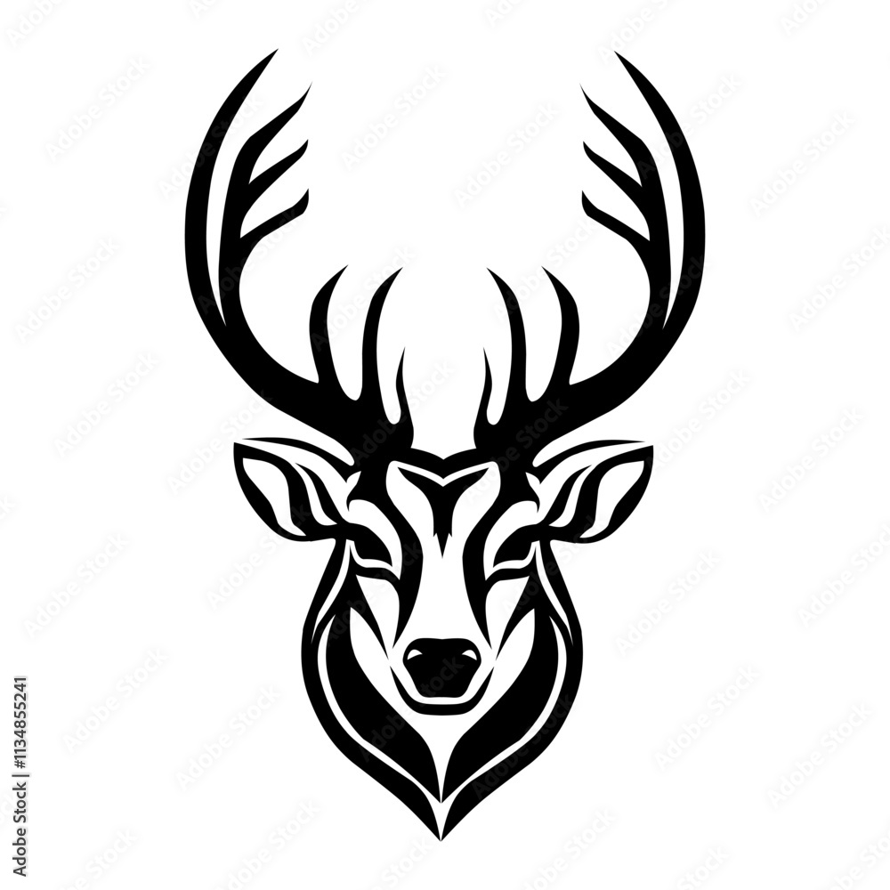 Fototapeta premium Deer head with large antlers monogram vector logo, perfect for logos, tattoos, and designs.
