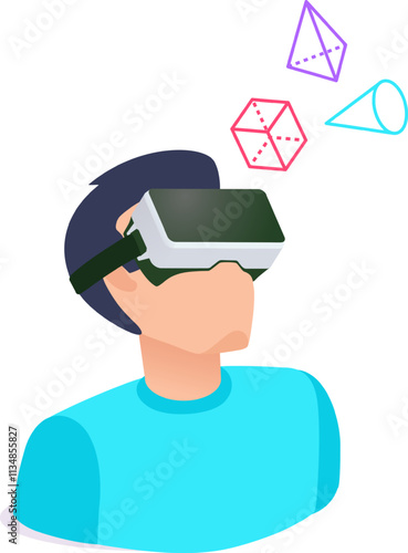 Man wearing vr headset is immersed in a virtual environment, exploring and interacting with colorful 3d geometric shapes, experiencing the immersive power of virtual reality technology