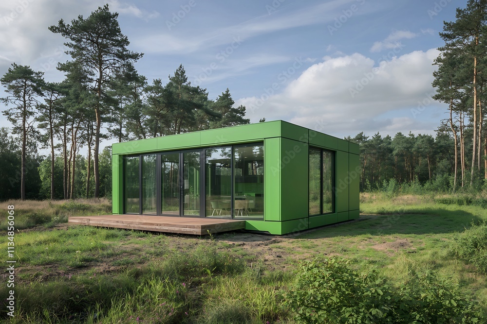 Minimalist Green Wooden Cabin in Serene Forest Landscape Minimalist Green Wooden Cabin in Serene Forest Landscape