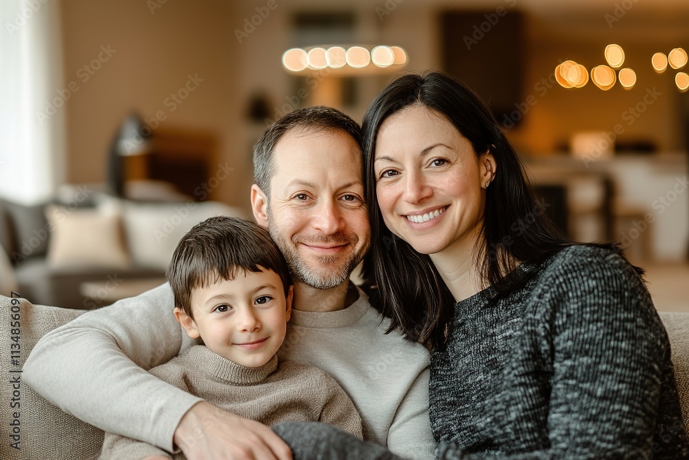 portrait of joyful family of three sitting on sofa with blurred cozy living room in background portrait of joyful family of three sitting on sofa with blurred cozy living room in background