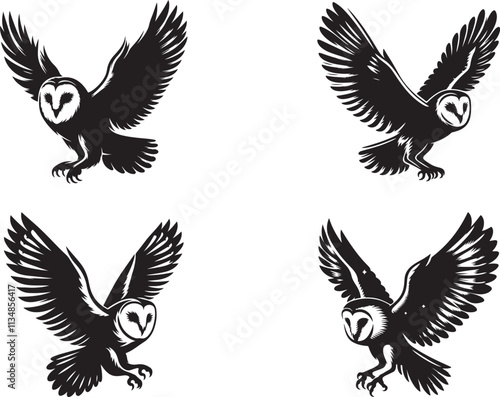  Barn owl bird silhouette vector art illustration. Black and white barn owl vector.