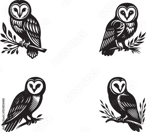  Barn owl bird silhouette vector art illustration. Black and white barn owl vector.