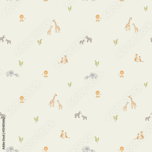 Photography Beautiful seamless pattern with watercolor hand drawn cute safari giraffe and elephant animals