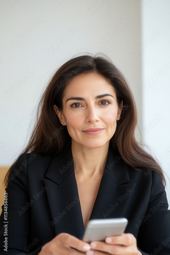 Portrait of a businesswoman holding a smartphone, exuding confidence and professionalism in a corporate setting Portrait of a businesswoman holding a smartphone, exuding confidence and professionalism in a corporate setting