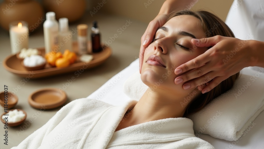 A person enjoying a spa day with a facial treatment, wearing a plush robe, and surrounded by natural skincare products like oils and lotions in a calming environment A person enjoying a spa day with a facial treatment, wearing a plush robe, and surrounded by natural skincare products like oils and lotions in a calming environment