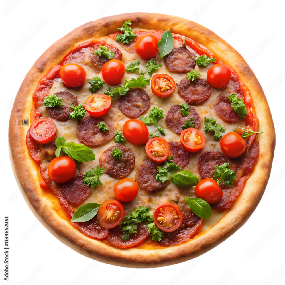 delicious beef pizza topped with fresh tomatoes on transparent background delicious beef pizza topped with fresh tomatoes on transparent background
