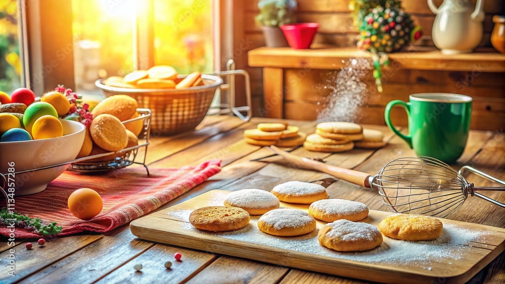 Naklejka premium Cozy Kitchen Scene Featuring Freshly Baked Cookies, Flour, and Baking Utensils Capturing the Joy of Baking in a Warm Atmosphere for Food Lovers and Culinary Enthusiasts