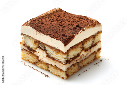 Delectable slice of Tiramisu with mascarpone and cocoa powder isolated on white background