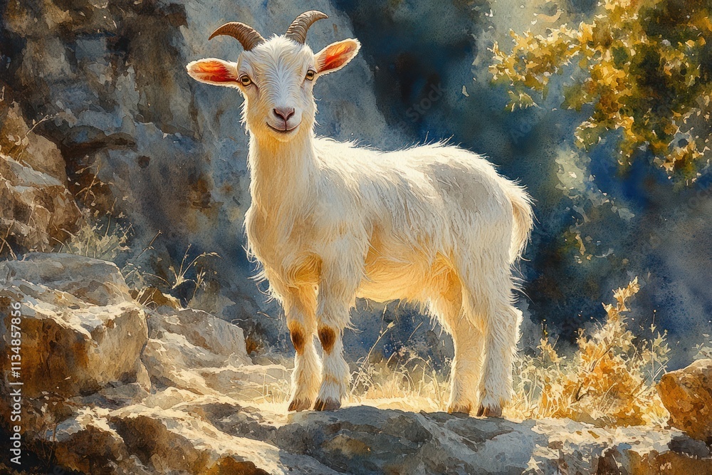 Obraz premium White Goat Watercolor Painting in Sunny Meadow with Dappled Light and Soft Shadows