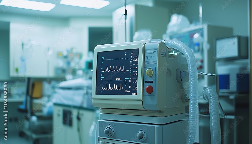 Closeup of a ventilator machine in a hospital room Closeup of a ventilator machine in a hospital room