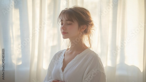 Woman in Oversized Shirt Touching Stomach in Serene Room with Natural Light Free Download Woman in Oversized Shirt Touching Stomach in Serene Room with Natural Light - GFXLoad