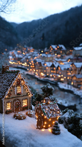 snowy village scene at dusk...