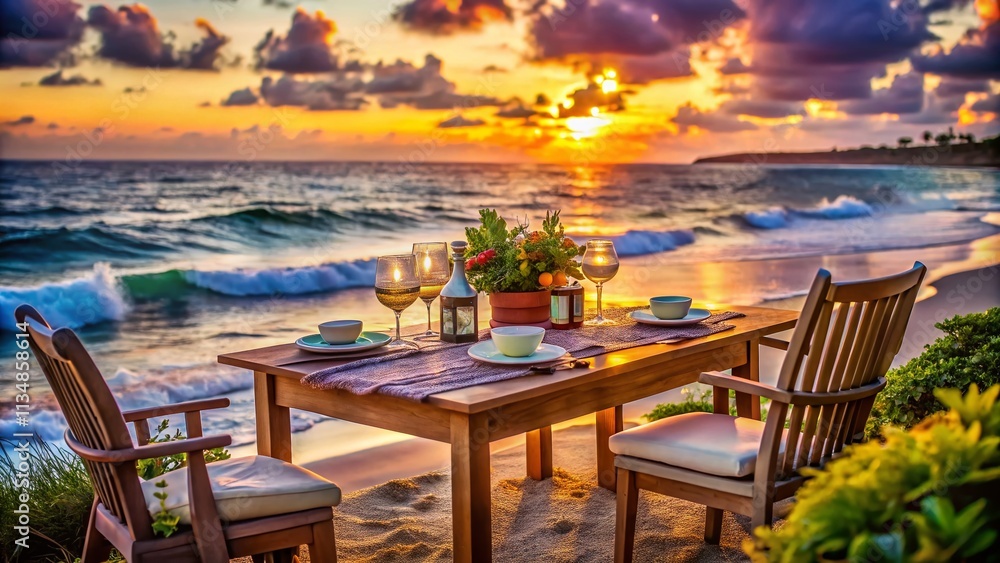 Obraz premium Cozy Outdoor Dining Setup by the Tranquil Seashore with Elegant Table Setting and Soft Lighting, Perfect for Romantic Evenings and Family Gatherings in a Serene Coastal Atmosphere