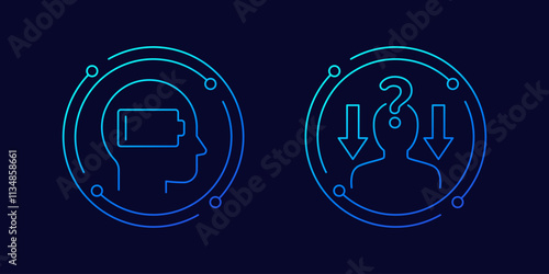 burnout, fatigue icons with low battery, linear design