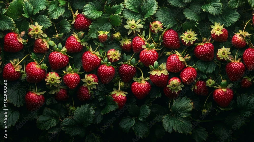 Ripening red strawberries on lush green leaves, ideal for food and agriculture concepts in advertising, marketing materials, and social media Ripening red strawberries on lush green leaves, ideal for food and agriculture concepts in advertising, marketing materials, and social media