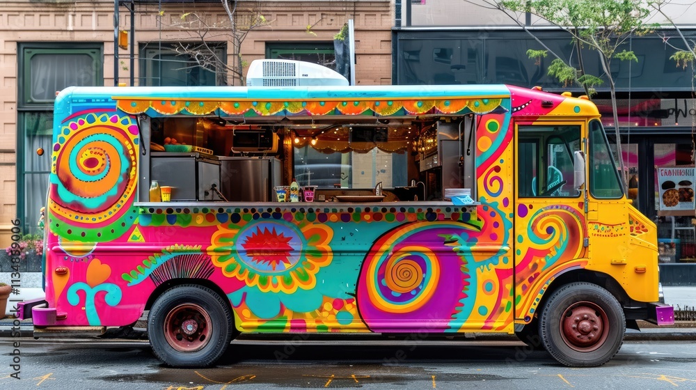 Fototapeta premium A brightly colored food truck with cheerful design parked on city street, offering delicious meals and vibrant atmosphere.