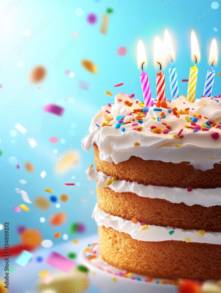 Festive Birthday Cake with Sprinkles - Delicious three-layered cake, lit candles, colorful sprinkles, joyful celebration, sweet treat. Festive Birthday Cake with Sprinkles - Delicious three-layered cake, lit candles, colorful sprinkles, joyful celebration, sweet treat.