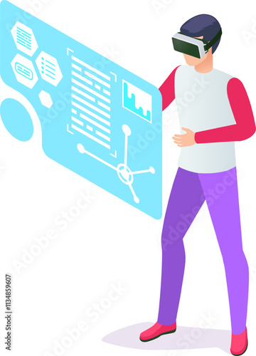 Software engineer using vr goggles interacting with data analysis displayed on a futuristic transparent screen, representing innovative technology in software development and data visualization