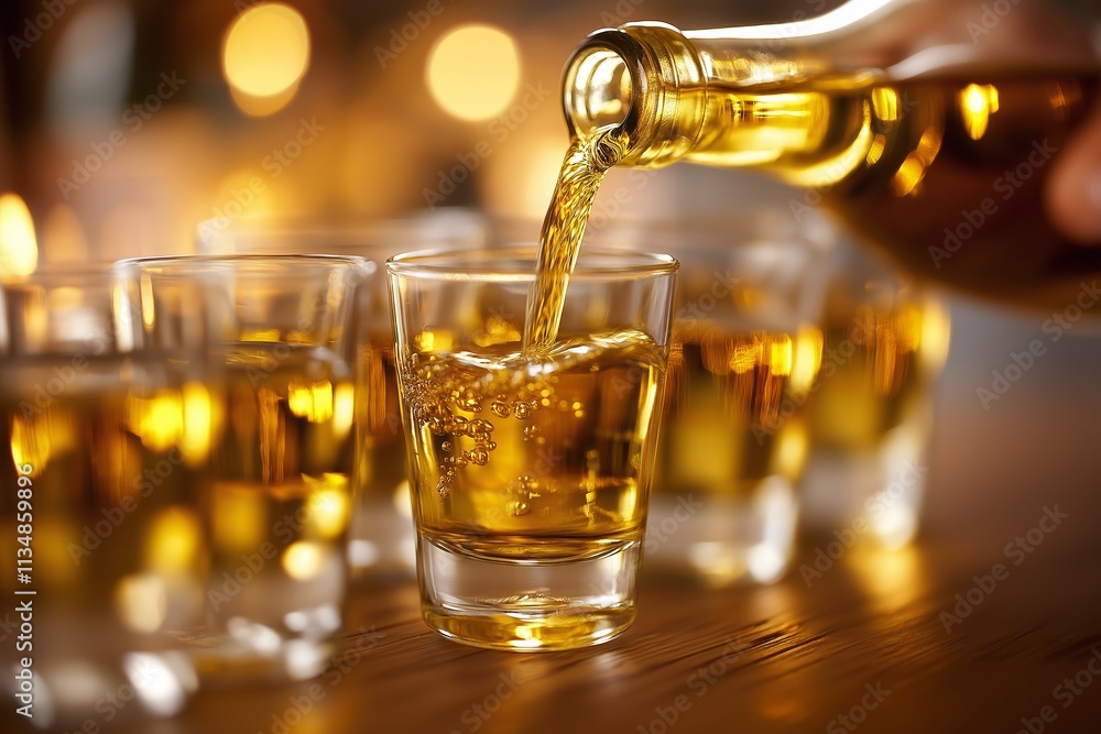 A close-up of Rakia, an alcoholic beverage, being poured into glasses. The warm glow of the liquid complements a festive atmosphere, ideal for gatherings and celebrations. A close-up of Rakia, an alcoholic beverage, being poured into glasses. The warm glow of the liquid complements a festive atmosphere, ideal for gatherings and celebrations.