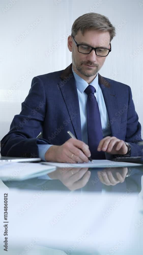 Businessman wearing suit and tie is sitting at the glass desk working with calculator and taking notes on paper in office. Audit and taxes in business Businessman wearing suit and tie is sitting at the glass desk working with calculator and taking notes on paper in office. Audit and taxes in business