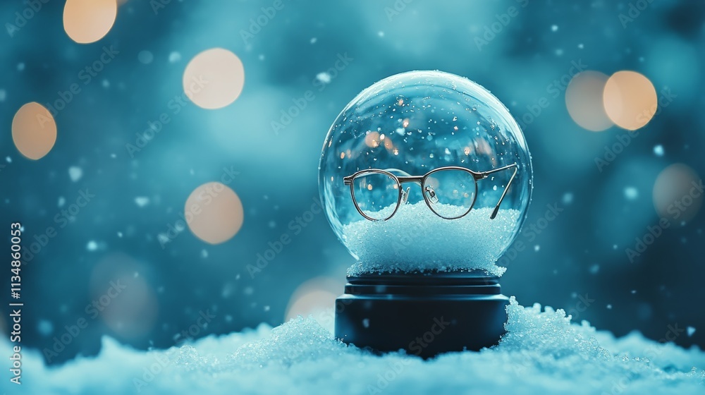 Fototapeta premium Enchanting Winter Wonderland Featuring Vintage Glasses in a Delicate Snow Globe With a Serene Blue Backdrop