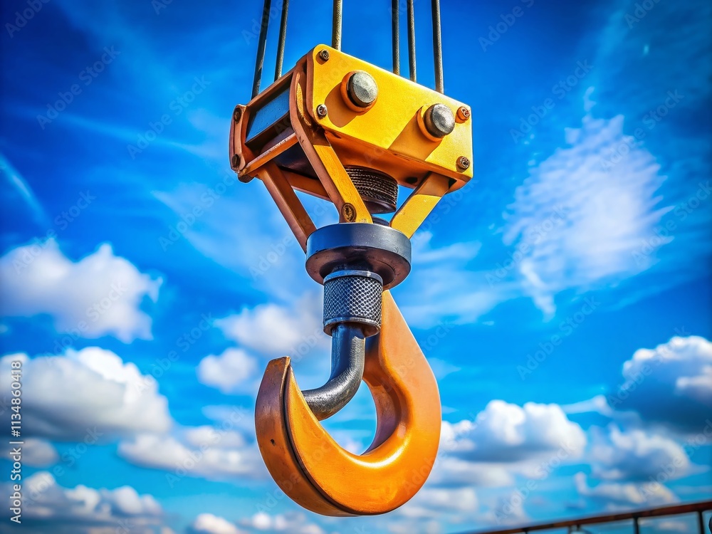 Crane Hook Against a Clear Blue Sky: A Symbol of Strength and Precision in Construction and Engineering Environments, Showcasing Industrial Equipment and Safety Practices Crane Hook Against a Clear Blue Sky: A Symbol of Strength and Precision in Construction and Engineering Environments, Showcasing Industrial Equipment and Safety Practices