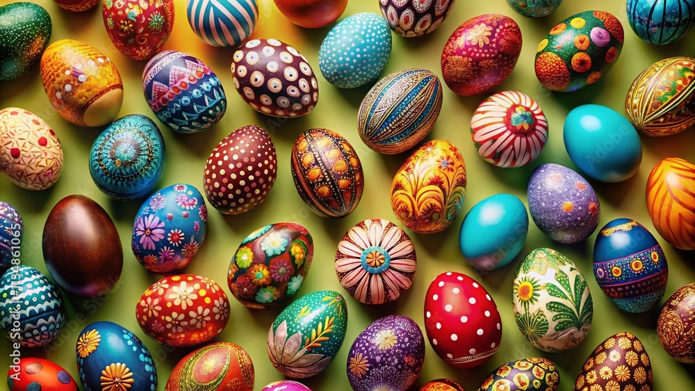 Creative Aerial Flat Lay of Vibrant Easter Eggs Arranged on a Colorful Background, Celebrating the Joy of Spring and Festive Traditions in an Eye-Catching Composition Creative Aerial Flat Lay of Vibrant Easter Eggs Arranged on a Colorful Background, Celebrating the Joy of Spring and Festive Traditions in an Eye-Catching Composition
