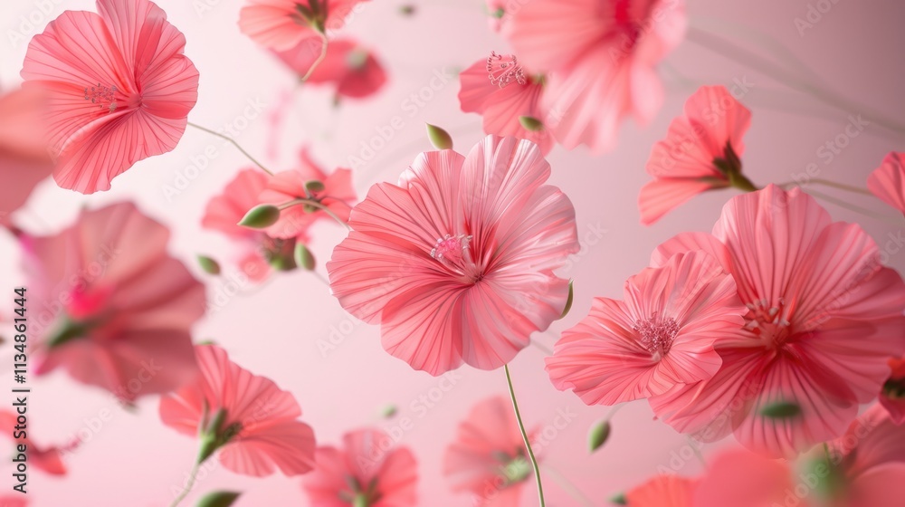 a bunch of pink flowers flying in the air with a pink background and a white wall behind them with a pink background and a pink background. a bunch of pink flowers flying in the air with a pink background and a white wall behind them with a pink background and a pink background.