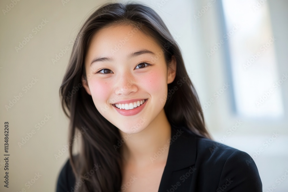 Close-up portrait of a cheerful young asian woman with long dark hair, wearing professional attire, conveying confidence and approachability in a bright office setting Close-up portrait of a cheerful young asian woman with long dark hair, wearing professional attire, conveying confidence and approachability in a bright office setting