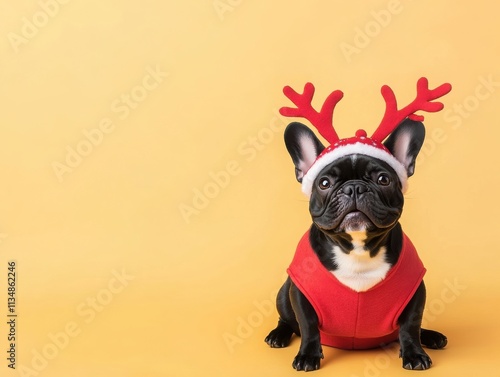 A cheerful French Bulldog wearing reindeer antlers and a festive outfit against a bright yellow background. photo