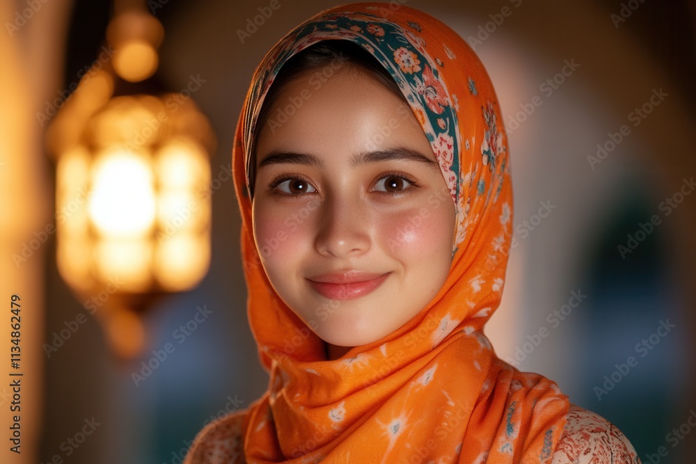 Close-up portrait of a young asian woman wearing an orange hijab, smiling serenely in a softly illuminated space Close-up portrait of a young asian woman wearing an orange hijab, smiling serenely in a softly illuminated space